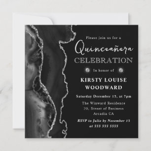 Convite Elegante Quinceanera de Ágata Preta e Prata com Br