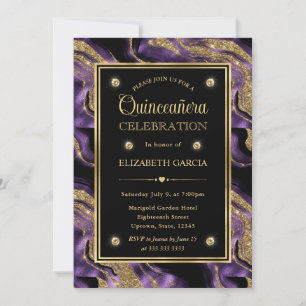 Convite Elegante Quinceanera de Ágata Roxa e Dourada Brilh