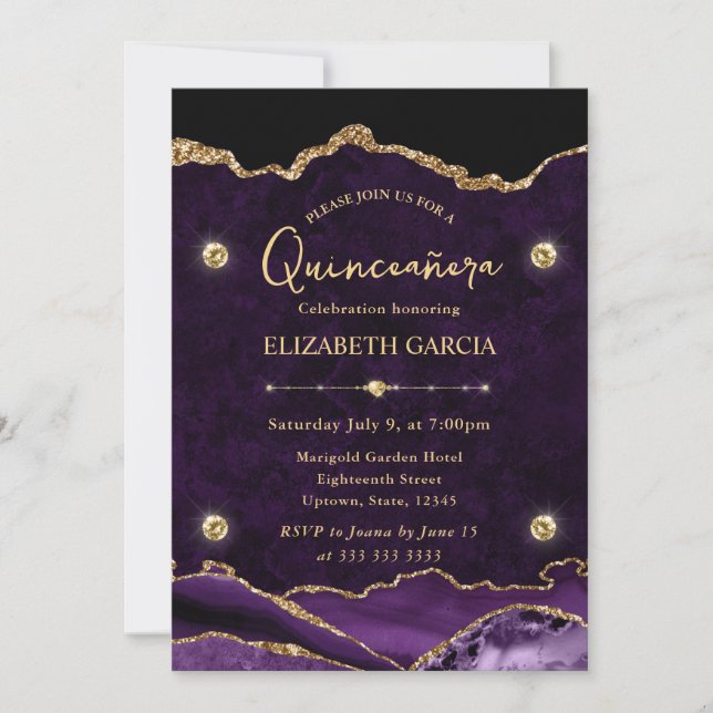 Convite Elegante Quinceanera de Ágata Roxa e Dourada com B (Frente)