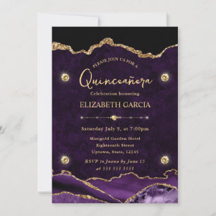 Convite Elegante Quinceanera de Ágata Roxa e Dourada com B
