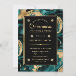 Convite Elegante Quinceanera de Brilho Dourado e Azul Teal