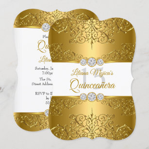 Convite Elegante Quinceanera de Ouro Branco com Diamante G
