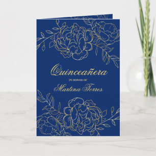 Convite Elegante Quinceanera Dourado Azul Real Floral Fina