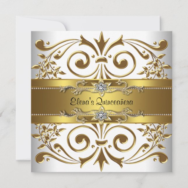 Convite Elegante Quinceanera Dourado Branco (Frente)