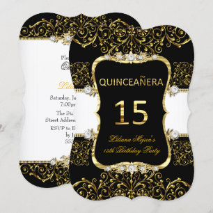 Convite Elegante Quinceanera Dourado Preto Branco Glamour