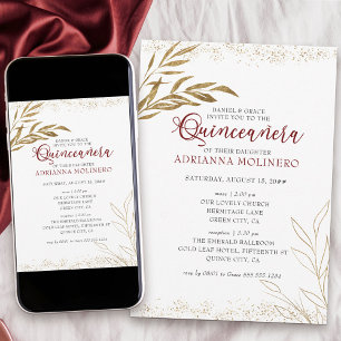 Convite Elegante Quinceanera e Missal Vermelho e Folha de