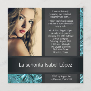 Convite Elegante Quinceanera em Preto e Azul Turquesa com 