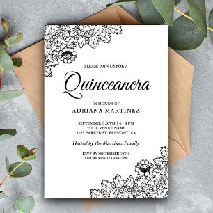 Convite Elegante Quinceanera em Preto e Branco com Renda