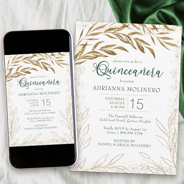 Convite Elegante Quinceanera Emerald Green e Folhas Dourad (decorated on both sides and available professionally printed or as a printable download)