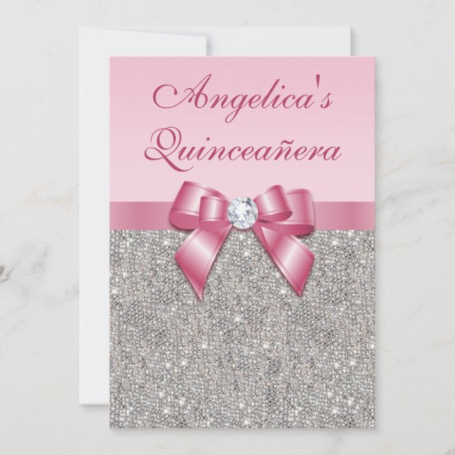 Convite Elegante Quinceañera Faux Sequins Silver Arco Rosa (Frente)