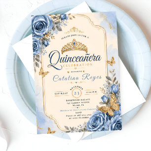 Convite Elegante Quinceañera Floral Azul