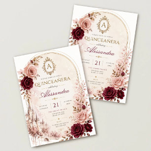 Convite Elegante Quinceañera Floral Borgonha Rosado