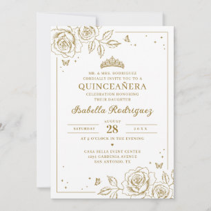 Convite Elegante Quinceañera Floral Dourada