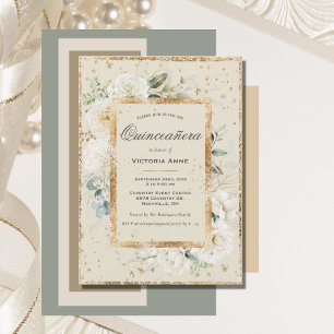 Convite Elegante Quinceañera Floral Dourada Moderna