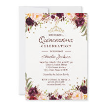 Elegante Quinceanera Floral Dourado Borgonha