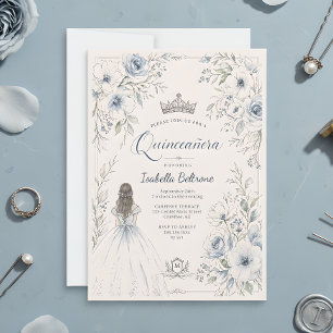 Convite Elegante Quinceañera Floral Princesa Azul