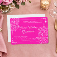 Elegante Quinceañera Floral Rosa Fúcsia e Branco