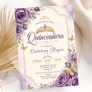 Convite Elegante Quinceañera Floral Roxa
