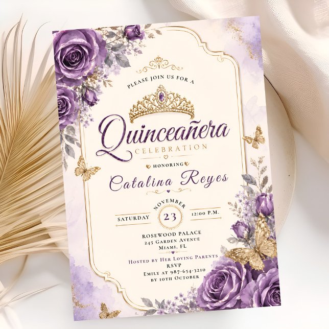 Convite Elegante Quinceañera Floral Roxa (Criador carregado)
