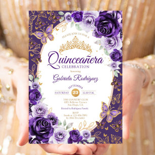 Convite Elegante Quinceanera Floral Roxo Dourado Chic