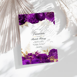 Convite Elegante Quinceañera Floral Roxo e Dourado