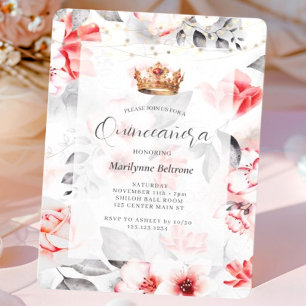Convite Elegante Quinceañera Floral Vermelha