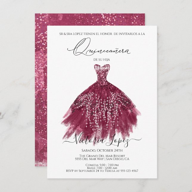 Convite Elegante Quinceañera Glitter Sparkle Espanha (Frente/Verso)