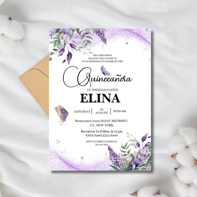 Convite Elegante Quinceañera Lilac Lavanda Butterfly (Criador carregado)