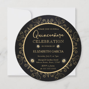 Convite Elegante Quinceanera Mandala Preto e Dourado