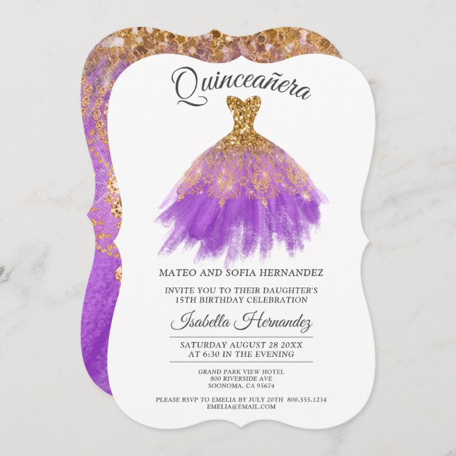 Convite Elegante Quinceanera Mis Quince Orchid Glitter (Frente/Verso)