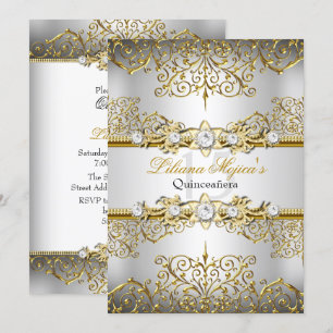 Convite Elegante Quinceanera Prata Dourado Glamour Vintage