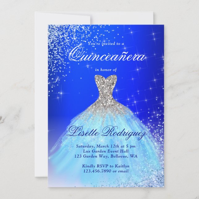 Convite Elegante Quinceanera Prata e Azul (Frente)