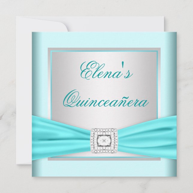 Convite Elegante Quinceanera Prata e Azul Turquesa (Frente)