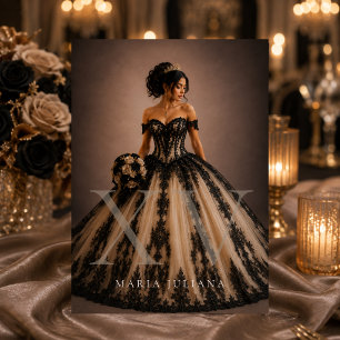 Convite Elegante Quinceañera Preto Champagne Dourado