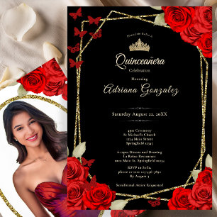 Convite Elegante Quinceanera Preto Dourado e Rosas Vermelh