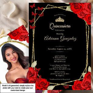 Convite Elegante Quinceanera Preto Dourado e Rosas Vermelh