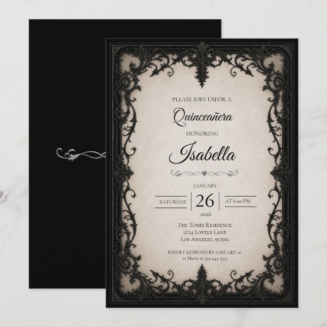 Convite Elegante Quinceañera Preto e Branco (Frente/Verso)