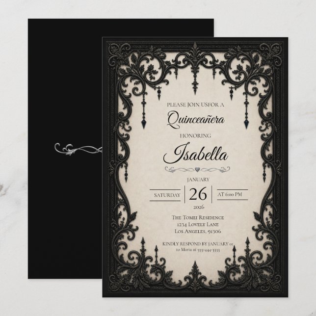 Convite Elegante Quinceañera Preto e Branco (Frente/Verso)