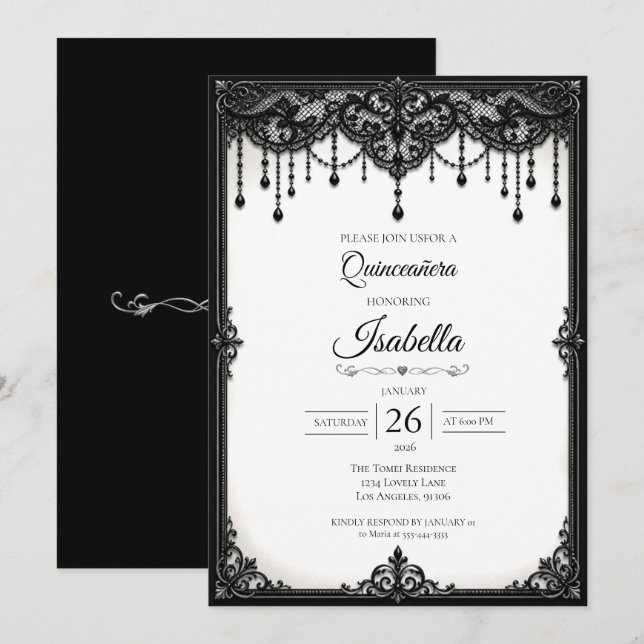 Convite Elegante Quinceañera Preto e Branco (Frente/Verso)