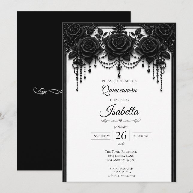 Convite Elegante Quinceañera Preto e Branco (Frente/Verso)