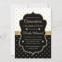 Convite Elegante Quinceanera Preto e Branco com Bolinhas