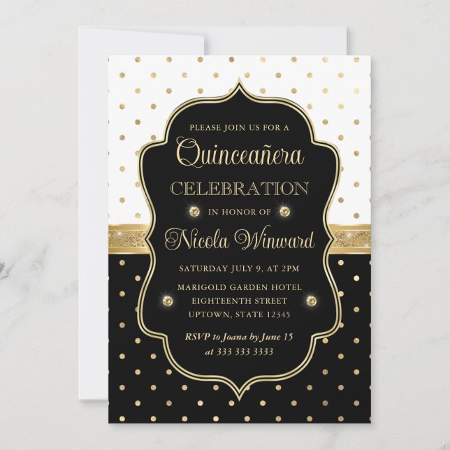 Convite Elegante Quinceanera Preto e Branco com Bolinhas (Frente)
