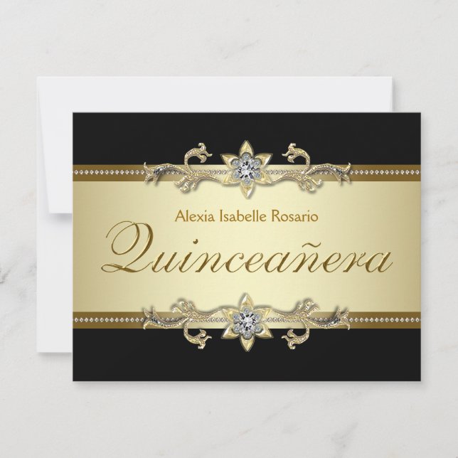 Convite Elegante Quinceanera Preto e Dourado (Frente)