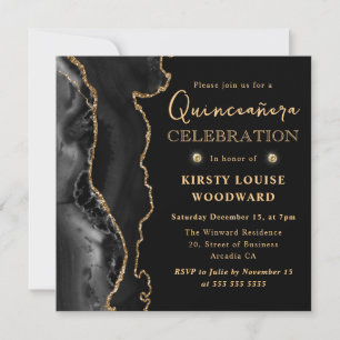Convite Elegante Quinceanera Preto e Dourado com Brilho de