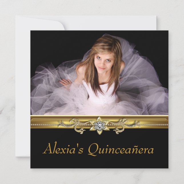 Convite Elegante Quinceanera Preto e Dourado em Foto (Frente)