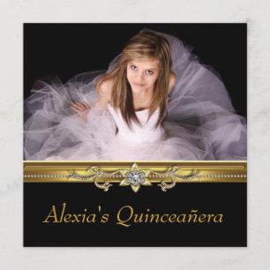 Convite Elegante Quinceanera Preto e Dourado em Foto
