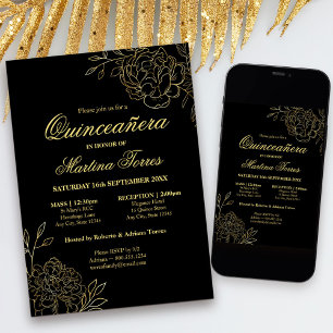 Convite Elegante Quinceanera Preto e Dourado Esboço Floral