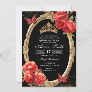 Convite Elegante Quinceanera Preto e Vermelho Rosas Dourad