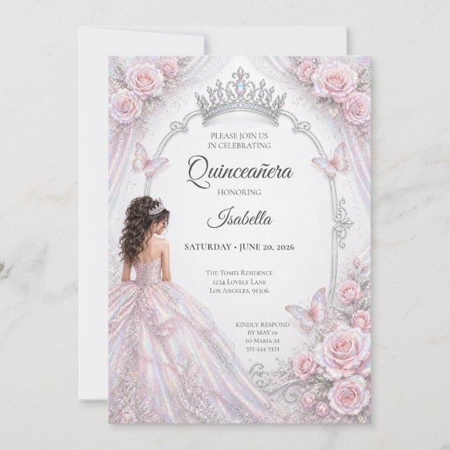 Convite Elegante Quinceañera Princesa Iridescente (Frente)