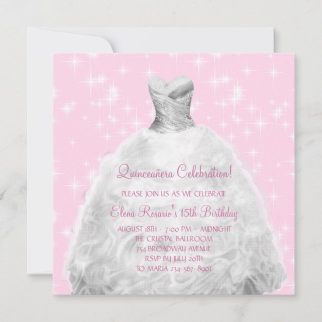 Convite Elegante Quinceanera Princesa Rosa (Frente)